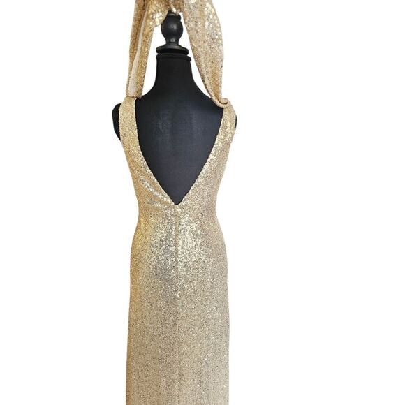 Gold Sequin Evening Gown Dress Cowl Draping Back & Zip Up Back Aleena Grace Sz 4 - Picture 2 of 14